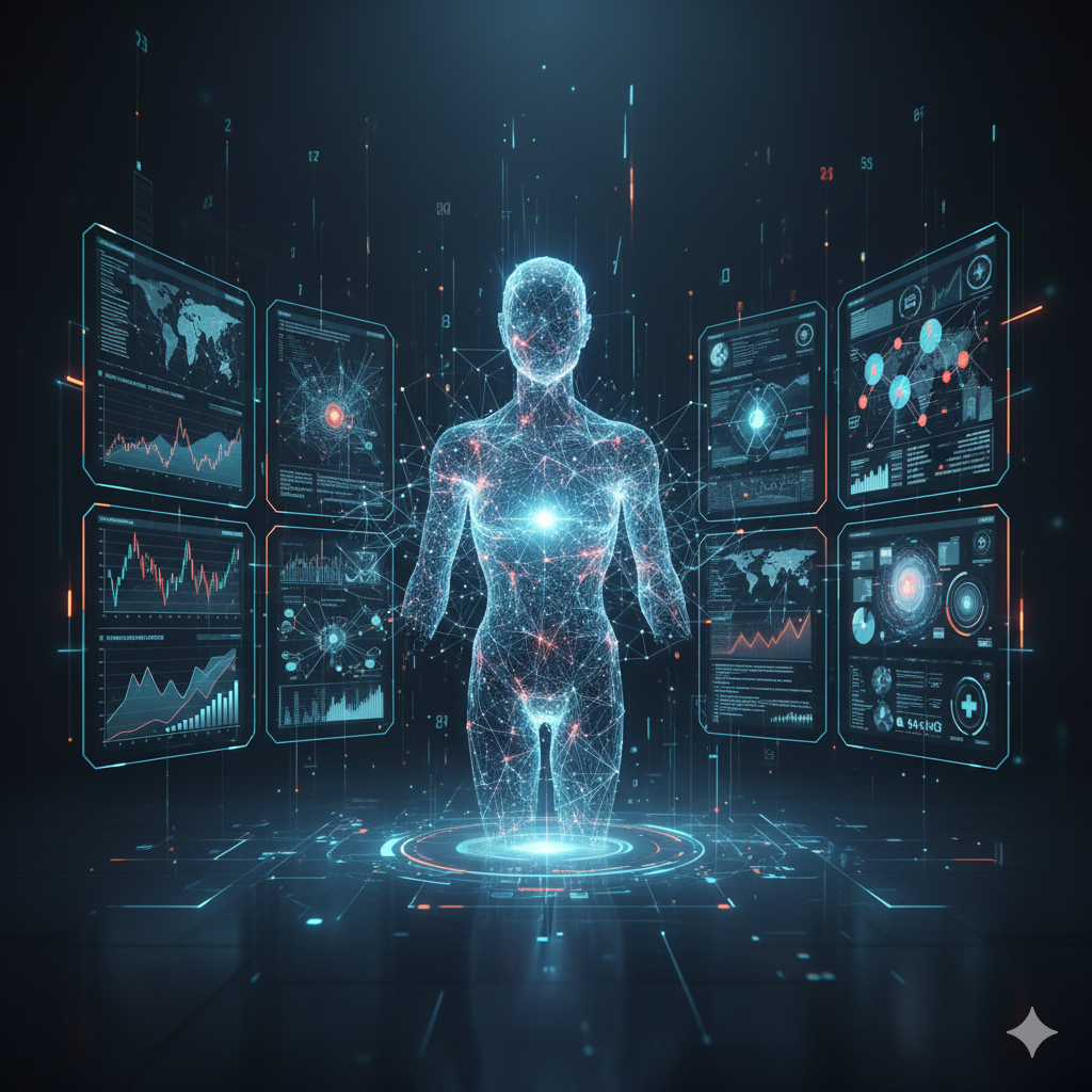 write a detailed prompt that'll create a futuristic image of create 800 x 800 image of artificial intelligence looking at multiple screens and charts