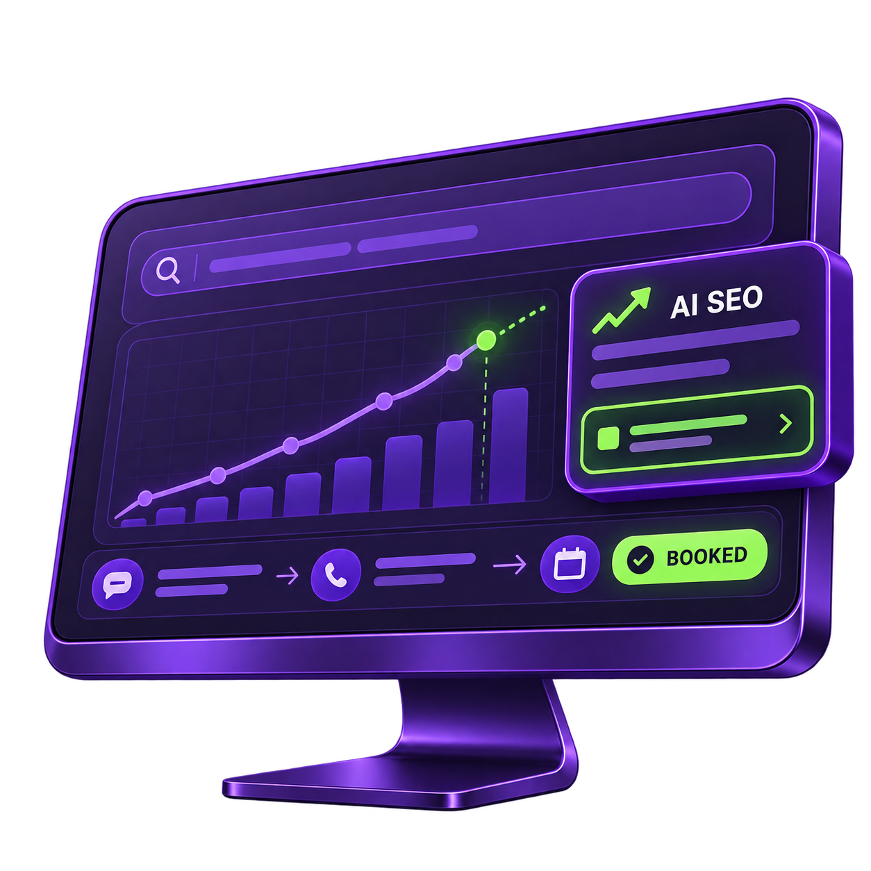Growth Kolony AI dashboard showing predictive search trends and a lead conversation ending in a booked appointment