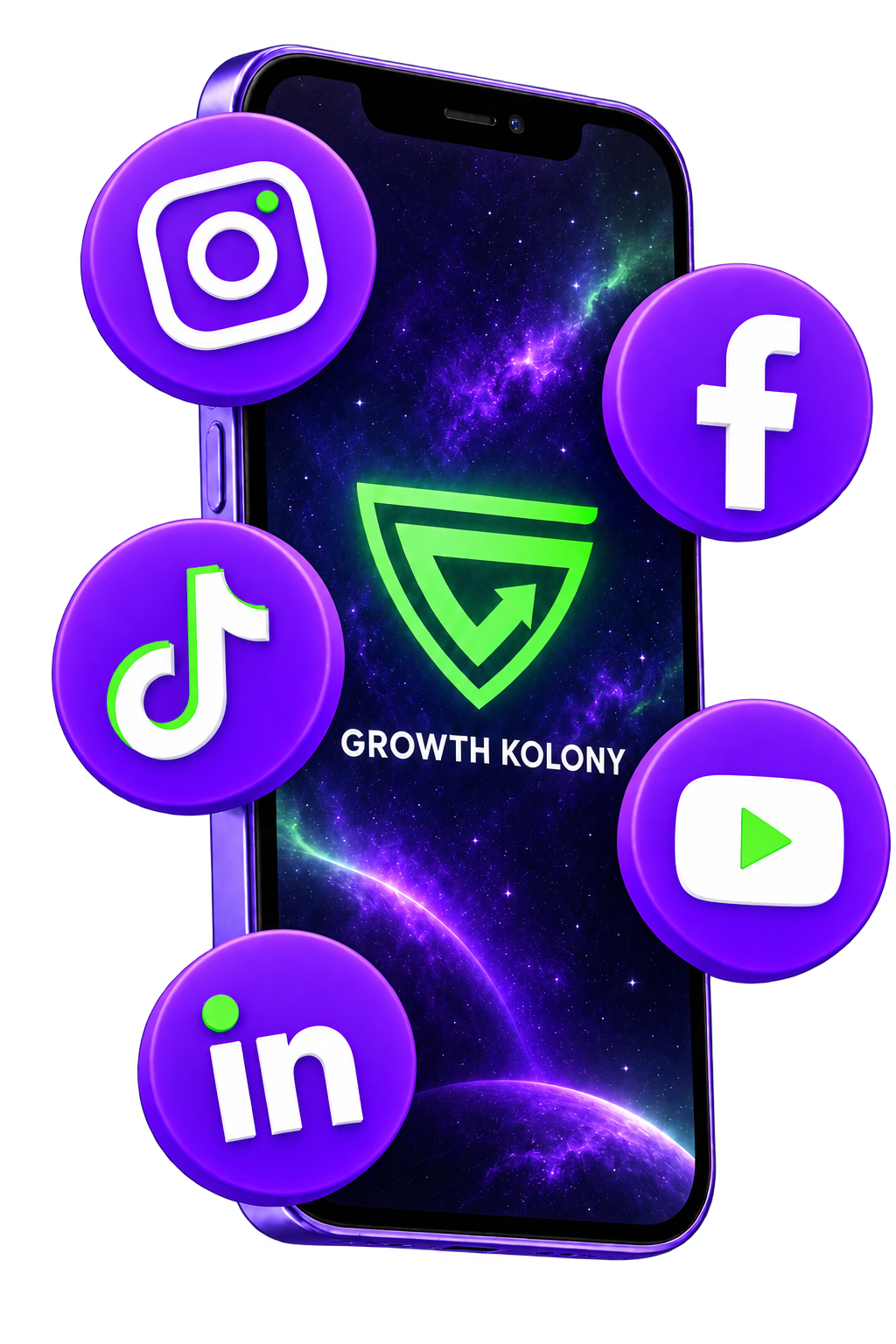 Growth Kolony branded phone surrounded by Instagram, Facebook, TikTok, YouTube and LinkedIn icons